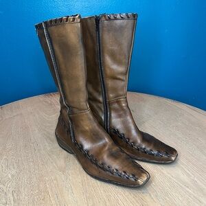PIKOLINOS Whipstich Brown Leather Square Toe Wedge Boots Size 38 Women’s 7.5